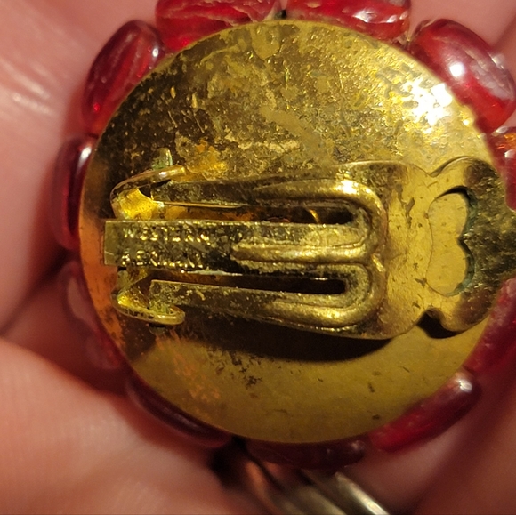 Made In Western Germany Vtg Clipon Earrings Gold Tone, Red Beaded Cluster Signed - Picture 7 of 11